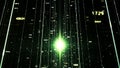 Green sci fi tunnel with green matrix effect. Animation. 3D flight through cyberspace on black background with neon