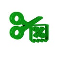 Green Scissors cuts discount coupon icon isolated on transparent background. The concept of selling in an online