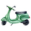 Green scooter watercolor illustration. Hand drawn illustration isolated on white background. Royalty Free Stock Photo
