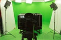 Green screen chroma key background modern tv studio setup Royalty Free Stock Photo