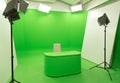 Green screen chroma key background modern tv studio setup Royalty Free Stock Photo