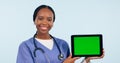 Green screen, doctor and portrait of black woman with tablet for telehealth, wellness and medical news. Healthcare Royalty Free Stock Photo