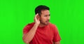 Green screen, man face and hand on ear for listen, huh or speak up expression on mockup background. Volume, portrait and