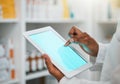 Green screen, pharmacist or hands with tablet mockup space for inventory inspection or stock check at pharmacy. Closeup