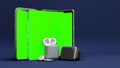 Green screen smartphones and accessories on the presentation background 3d render on darck blue