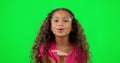 Green screen, studio and child blowing a kiss for love, care and affection with a positive mindset. Happy, smile and