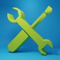 Green Screwdriver and wrench spanner tools icon isolated on blue background. Service tool symbol. Minimalism concept. 3D Royalty Free Stock Photo