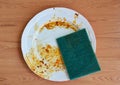 Green scrub sponge purely to food stain on white dish