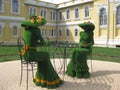 Green sculptures-two ladies sitting at the table and drinking tea . Topiary-green art.