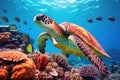 Green sea turtle on coral reef with tropical fish. 3d render, Green sea turtle swimming around colorful coral reef formations in Royalty Free Stock Photo