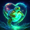 Green Sea Turtle hugging heart Turtle with heart shaped neon light. 3D illustration. Elements of this image furnished by N