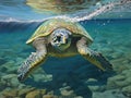 Green sea turtle making landfall near Maui with his mouth open Royalty Free Stock Photo