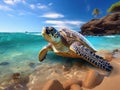 Green sea turtle making landfall near Maui with his mouth open Royalty Free Stock Photo