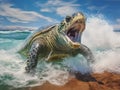 Green sea turtle making landfall near Maui with his mouth open Royalty Free Stock Photo