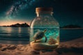 Green sea turtle in a safe world inside a glass jar on beach