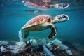 Green sea turtle swimming in the blue ocean. Green sea turtle in the ocean ,Sea turtle with plastic garbage in the ocean. Royalty Free Stock Photo