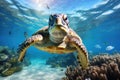 Green sea turtle swimming in the blue ocean. Underwater shot, Green sea turtle swimming in turquoise sea water, captured through Royalty Free Stock Photo