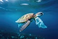 Green sea turtle swimming in the blue water with a plastic bag, Sea turtle with plastic bags in the ocean. Concept of Royalty Free Stock Photo