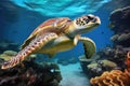 Green sea turtle swimming on coral reef in the deep blue sea, A Hawaiian Green Sea Turtle Chelonia mydas graces the Red Sea, AI Royalty Free Stock Photo