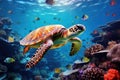 Green sea turtle swimming in the coral reef. Underwater world, Beautiful turtle swimming among fishes in blue water of ocean, AI