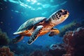 Green sea turtle swimming in the deep blue ocean. Underwater world, Hawksbill Turtle in deep sea, AI Generated Royalty Free Stock Photo