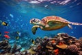 Green sea turtle swimming over coral reef. Tropical underwater scene with sea turtle, Beautiful turtle swimming among fishes in Royalty Free Stock Photo