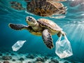 Green sea turtle swimming underwater with plastic bag. Royalty Free Stock Photo
