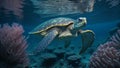 A green sea turtle swims over a coral reef. Royalty Free Stock Photo