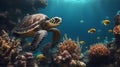 green sea turtle Underwater coral reef landscape wide background in the deep blue ocean Royalty Free Stock Photo