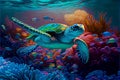 Green sea turtle underwater swimming