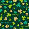 Green seamless background for Patricks day with golden shamrock Royalty Free Stock Photo