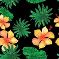 Green Seamless Design. Black Pattern Vintage. Yellow Tropical Hibiscus. Coral Floral Exotic. Pink Flower Foliage. Royalty Free Stock Photo