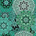 Green seamless design in oriental style. Stellar mandalas background for card, front-side, cover or wrapping paper. Indian, arabic