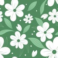 Green seamless floral pattern with white flowers.