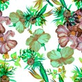 Green Seamless Illustration. Orange Hibiscus Leaf. Pink Watercolor Textile. Yellow Tropical Garden. Colorful Pattern Palm. Floral Royalty Free Stock Photo