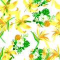Green Seamless Leaf. Natural Pattern Textile. White Tropical Hibiscus. Yellow Garden Background. Organic Wallpaper Textile. Royalty Free Stock Photo