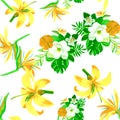 Green Seamless Leaves. Yellow Pattern Hibiscus. Organic Tropical Leaf. White Flower Botanical. Natural Floral Illustration. Royalty Free Stock Photo