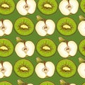Green seamless pattern with apples and kiwis