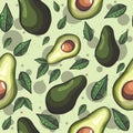 Green seamless pattern with avocado fruits and leaves. Repetitive summer background about nutrition and healthy food