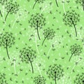 Green seamless pattern with black, white dandelions Royalty Free Stock Photo