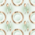 Green seamless pattern of digitally drawn vintage porcelain plate, spoon and fork Royalty Free Stock Photo