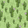 Green seamless pattern with saguaro cactuses in bloom. Repetitive background with desert plants