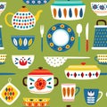 Green seamless pattern with vintage kitchen