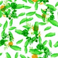 Green Seamless Plant. Gray Pattern Botanical. Natural Tropical Leaves. Yellow Flower Hibiscus. Organic Wallpaper Exotic. Royalty Free Stock Photo