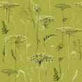 Green Seamless Vintage Pattern with Herbs and plants.