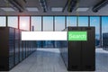 Green search bar large modern server room skyline view, 3D Illustration