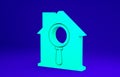 Green Search house icon isolated on blue background. Real estate symbol of a house under magnifying glass. Minimalism