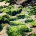 Green seaweeds and rocks in Waterville, County Kerry - vintage effect.