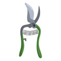 Green secateur with spiral on white background isolated. Professional garden tool for trimming and tree care