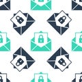 Green Secure mail icon isolated seamless pattern on white background. Mailing envelope locked with padlock. Vector